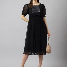 BAESD Puff Sleeves Sequined Georgette Fit & Flare Midi Dress image 3