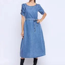 Ruhaans Denim Puff Sleeves Tie Up Fit & Flare Midi Dress With Belt image 3