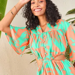 SASSAFRAS Floral Printed Flared Sleeves Cut Out Georgette A-Line Midi Dress image 5