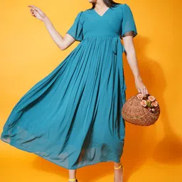 BAESD V-Neck Short Sleeves Flared Georgette Empire Midi Dress image 2