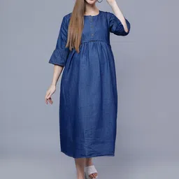 NIGHTSPREE Round Neck Bell Sleeve Denim Cotton Maternity Fit & Flare Midi Dress image 2