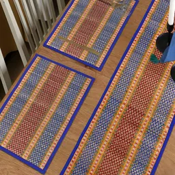 HOKIPO Madurkathi 5 Pieces Blue & Red Geometric Pattern Table Placemats & Runner image 4