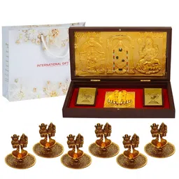 INTERNATIONAL GIFT Brown & Gold Toned Tirupati Balaji With Charan Paduka & Diya Gift Set image 3