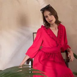 KASSUALLY V Neck Ruffled Fit And Flare Midi Dress image 5