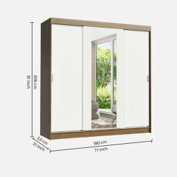 madesa Reno 3 Door Sliding Wardrobe In Brown And White Colour With Mirror & Drawer image 2