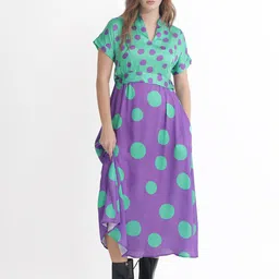 RAREISM Polka Dots Printed Belted A-line Dress-image-0