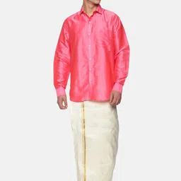 Sethukrishna Men Peach-Colored & White Shirt with Zari Dhoti image 4