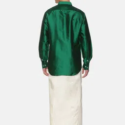 Sethukrishna Men Green & White Pure Cotton Shirt with Dhoti Pants image 3