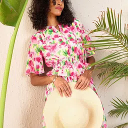 SASSAFRAS Floral Printed Flared Sleeve Layered Georgette Fit & Flare Dress image 5