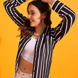 global nomad Women Regular Fit Striped Curved Collar Casual Shirt image 4