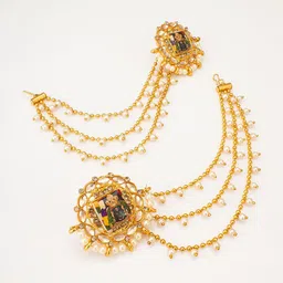 aadita Gold-Plated Stones Studded & Beaded Circular Studs Earrings With Hair Chains image 2