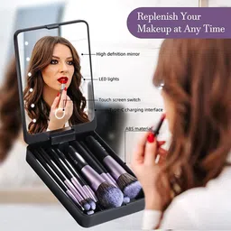 bs-mall BS MALL 1Set Of 14 Makeup Brushes With Portable LED Light Mirror - Black image 5