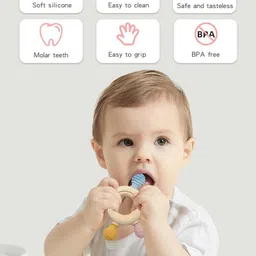 ardaki Wooden Teether for Babies Silicone Rudder Teething Toy with Soothe Wooden Ring Soother image 5