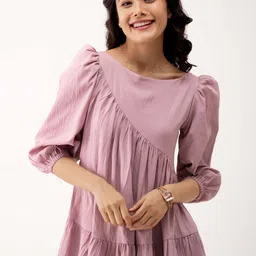 AASK Solid Puff Sleeves Gathered Crepe A-Line Dress image 2