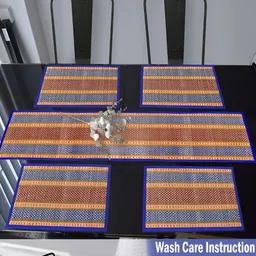 HOKIPO Madurkathi 5 Pieces Blue & Red Geometric Pattern Table Placemats & Runner image 5