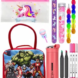 kettoby Kids School Stationery Combo Kit Avengers & Unicorn Theme Pencil Pouch Unicorn Art Plastic Pencil Box image 1