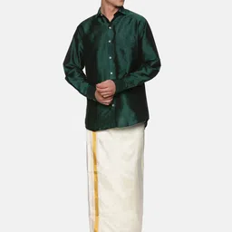 Sethukrishna Men Green & White Solid Long Sleeves Shirt with Veshti & With Angavastram image 4