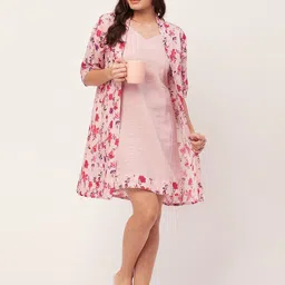 Moomaya Shoulder Strapped Pure Cotton Above Knee Nightdress With A Floral Printed Shrug image 5