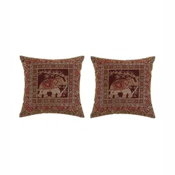 YWULY Maroon & Gold-Toned 5 Pieces Self Design Square Cushion Covers image 3