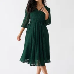 SIDYAL Chevron Pattern Puff Sleeve Georgette Fit & Flare Dress image 4