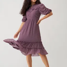 SIDYAL Self Design Georgette Fit & Flare Puff Sleeve Dress image 2