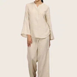 Saltpetre Bell Sleeve Split V-neck Linen Tunic With Trousers image 4