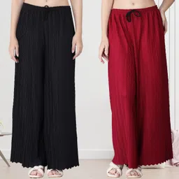 kwsh Pack of 2 Women Regular Fit Black, Maroon Viscose Rayon Trousers-picture-15
