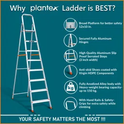 plantex 8 Step Ladder For Home with Railing and anti slip shoes Aluminium Ladder image 5