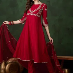 Sangria Zari Embroidered Sequence Red Silk Blend Kurta with Pant and Dupatta Embroidered Anarkali Kurta, Bottom & Dupatta Set image 4