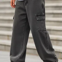 hyraa club Black Baggy Cargo Jeans | Relaxed Fit Streetwear with Pockets Men Cargos image 5