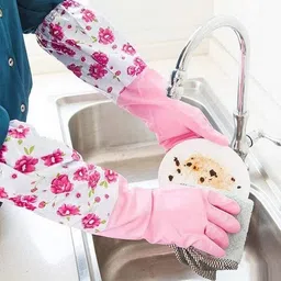 osla Reusable Rubber Latex PVC Flock lined Hand Gloves For Kitchen Long Sleeves Wet and Dry Glove Set image 2