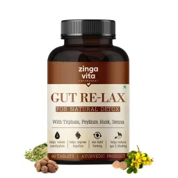 Zingavita Ayurveda Gut Relax with Natural Probiotics for Gut Health | Helps Relieve constipation, Bloating & Acidity | Infused with Ayurvedic Herbs like Senna, Triphala, Psyllium Husk | 60 Veg Tablets-image-60