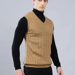 cantabil Men Self Design V Neck Brown Sweater image 3