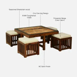 woodsworth from pepperfry Lipik Sheesham Wood Nesting Coffee Table Set in Walnut Finish With Cushioned Stools image 4