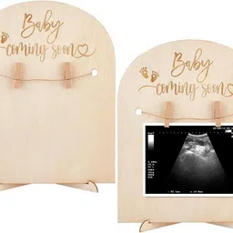 Curious Button Set of 1 Pcs Wooden Ultrasound Frame Stand Light Yellow Baby Coming Soon Arch Pregnancy Sonogram Photo Frame With Clips and Hemp Rope Gift for Mother-to-be Pregnancy Announcements image 1