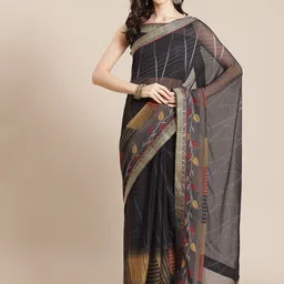 Satrani Women Charcoal Grey & Yellow Ethnic Motifs Saree-image-8