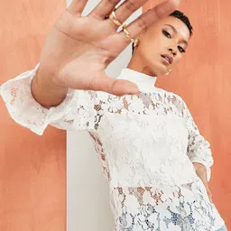 Styli White High Neck Floral Lace Long Sleeves Blouse-image-42