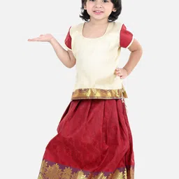BownBee Girls Cream-Coloured & Red Cotton Ready to Wear Pavda Pattu Lehenga-picture-18