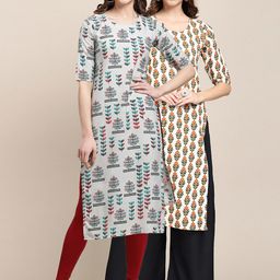 7threads KALINI Women Pack of 2 Grey & Cream-Coloured Ethnic Motifs Printed Crepe Kurta-picture-30