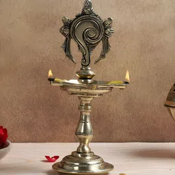 Two Moustaches White Shankh Design 5 Oil Wick Brass Diya-image-71