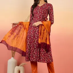 Vastramyaa Floral Printed Angrakha Pure Cotton A-Line Kurta & Trousers With Dupatta image 1