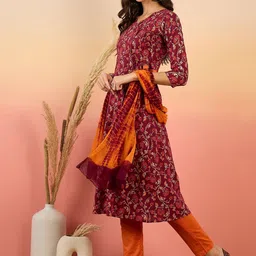 Vastramyaa Floral Printed Angrakha Pure Cotton A-Line Kurta & Trousers With Dupatta image 4
