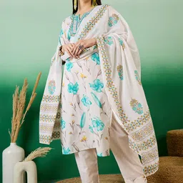 Sangria White Floral Printed Thread Work Pure Cotton Kurta With Trouser & Dupatta image 5