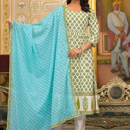 Vishudh Floral Printed Empire Pure Cotton Kurta with Trouser & Dupatta-image-9