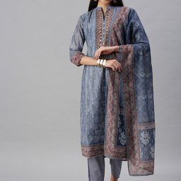 SHOWOFF Women Grey Ethnic Motifs Sequinned Kurta With Trousers & Dupatta-picture-12