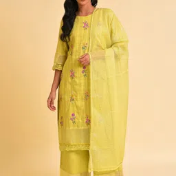 W Floral Embroidered Pure Cotton Kurta With Trousers & Dupatta-picture-26