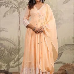 SCAKHI Embroidered Mulmul Cotton Anarkali Angrakha Kurta With Trousers & Dupatta-image-5