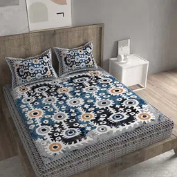 Spangle Blue & Grey Ethnic Motifs 260 TC Cotton King Bedsheet with 2 Pillow Covers-picture-28