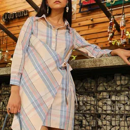 PINACOLADA Checked Shirt Collar Cotton Sheath Dress-image-31