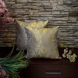 RoyalDeco Grey & Gold-Toned Set of 2 Embroidered Square Cushion Covers-image-4